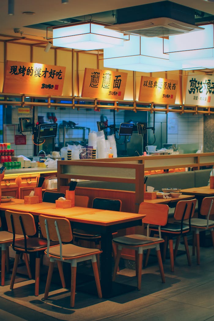 Inviting Asian eatery features modern decor and ambient lighting, ideal for dining.